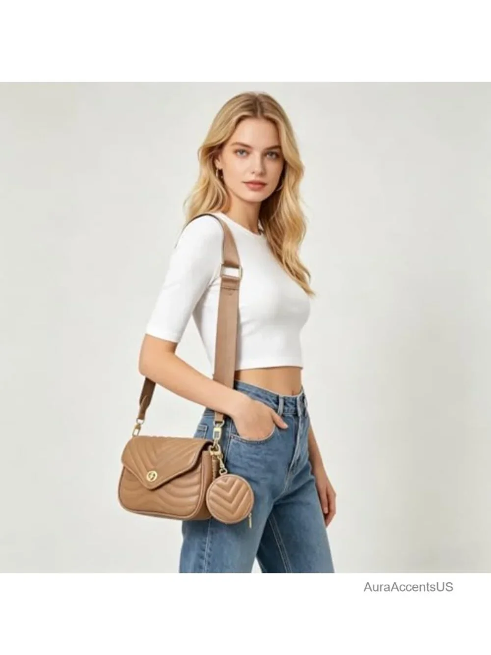 Quilted Faux Leather Crossbody Bag with Chain Strap, 3 Piece Set